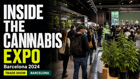 Visitors explore hemp industry exhibits and a conference stage inside a busy Barcelona convention hall.