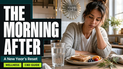 A tired person sits at a kitchen table with water and a simple breakfast in soft New Year's morning light.