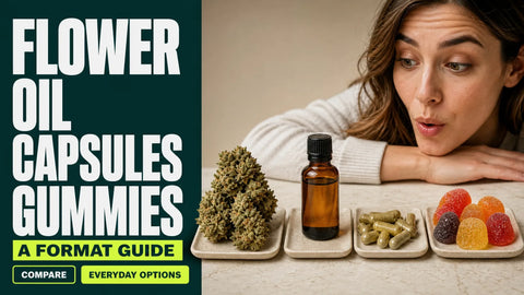 Hemp flower, a labeled oil bottle, capsules and colorful gummies arranged in four sections on a neutral tabletop.