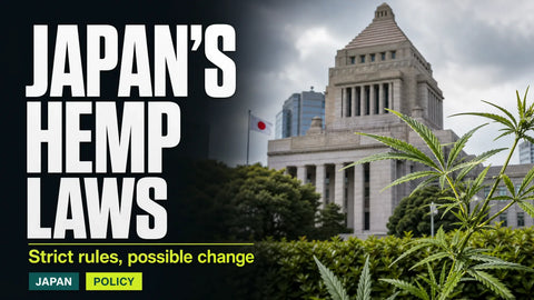 Japan's National Diet building stands behind a restrained hemp botanical detail, illustrating the country's strict laws and possible policy changes.