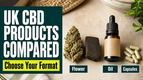 Four hemp-derived CBD product formats, including flower, pressed hash, an amber bottle, and capsules, arranged in separate sections on a warm tabletop.