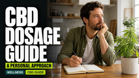 An adult sits at a sunlit kitchen table beside a potted hemp plant, notebook, and glass of water while considering personal CBD choices