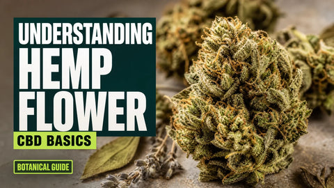 A macro photograph shows detailed hemp flower buds with fine hairs and resin glands arranged against a warm stone background.