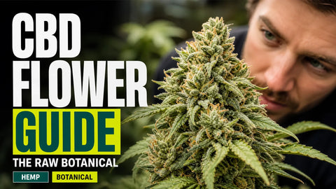 A detailed hemp flower bud with pale green bracts, fine pistils, and a textured resinous surface rests against softly blurred foliage.