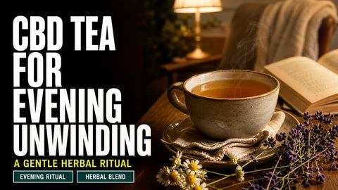 A steaming cup of amber herbal tea sits beside chamomile, lavender, and an open book on a warmly lit evening table.