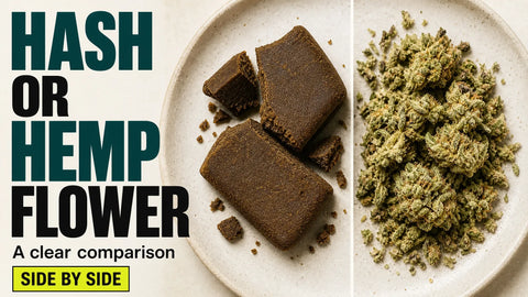 Loose hemp flower and a compact piece of hash are arranged side by side to show their contrasting textures and density.