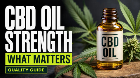 An amber CBD oil bottle stands beside fresh hemp leaves in a carefully styled premium still life.
