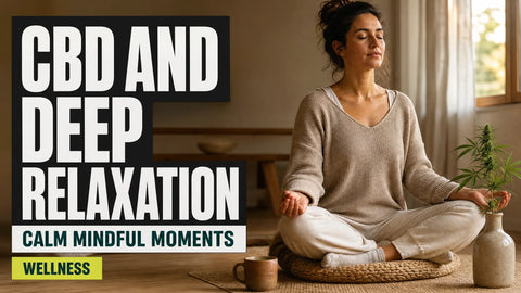 An adult sits quietly in meditation beside a ceramic cup and a small hemp sprig in a softly lit home.