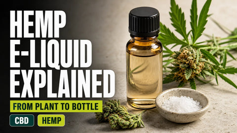 An amber bottle of clear hemp e-liquid stands beside hemp flowers, a green sprig, and white crystalline isolate on a pale stone surface.