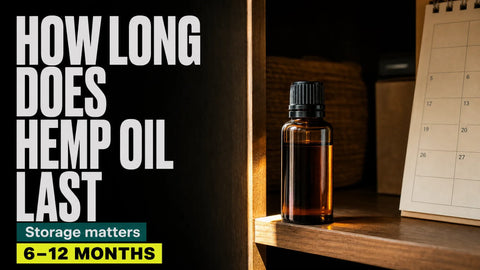 An amber glass bottle of hemp oil sits on a shadowed wooden cupboard shelf beside a calendar.