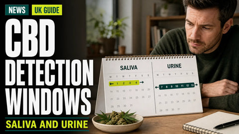A person studies an open calendar beside hemp flowers on a desk, with separate visual timelines for saliva and urine detection.