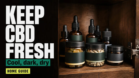 Sealed hemp-derived oil bottles, gummy jars, and capsule containers arranged inside a cool dark household cupboard.