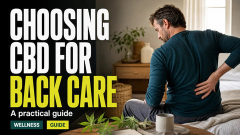 An adult sits at home with one hand resting on the lower back beside subtle hemp botanicals in soft window light.