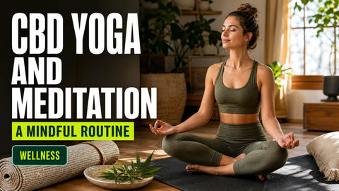 A woman meditates on a yoga mat in a calm sunlit room with a small hemp botanical sprig nearby.