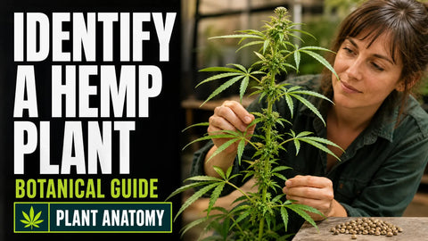A slender hemp plant with narrow serrated leaves and closely spaced nodes stands in a softly lit greenhouse.