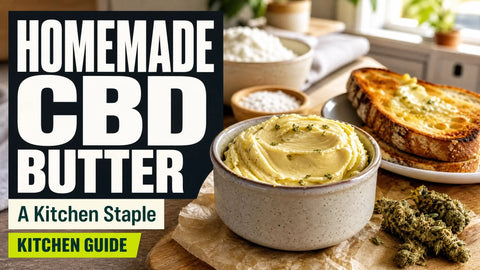 A ceramic crock of golden CBD-infused butter sits beside toast and hemp flower on a softly lit kitchen table.