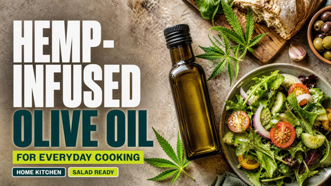 A dark glass bottle of hemp-infused olive oil stands beside a fresh green salad, bread, and herbs on a warm kitchen surface.