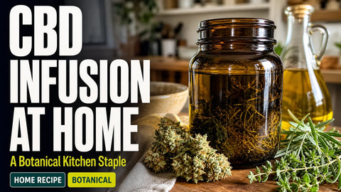 A dark glass jar of golden hemp-infused oil sits on a wooden kitchen counter beside hemp flowers, olive oil, and fresh herbs.