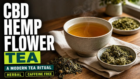 A steaming cup of amber hemp flower tea sits beside dried hemp flowers and loose herbs on a wooden table.