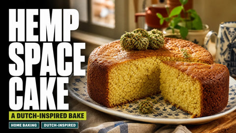 A golden hemp space cake and a single cut slice sit on a ceramic plate beside a few hemp flowers in a softly lit Amsterdam-inspired kitchen.