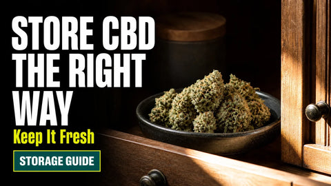 Dried hemp flower rests on a dark ceramic dish inside a cool shaded cupboard beside a narrow band of sunlight.