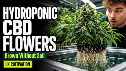 Mature resin-coated hemp flowers grow above clear water in a softly lit indoor hydroponic garden.
