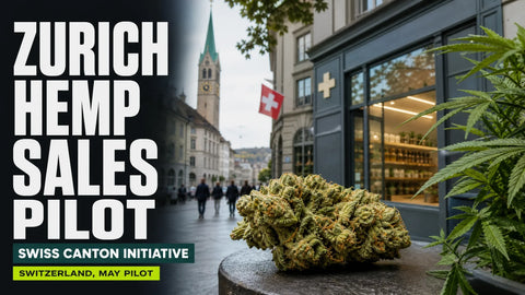 A textured hemp flower appears in the foreground of a Zurich street scene with a discreet storefront and Swiss architectural details.