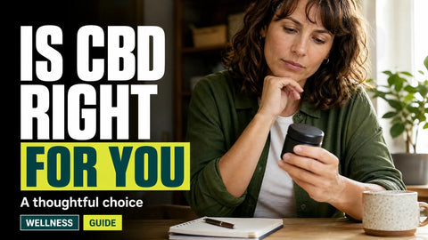 An adult considers a sealed hemp CBD product beside a notebook on a sunlit kitchen table.