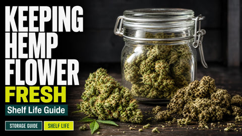 A glass jar of fresh green hemp flower sits beside a drier, faded sample on a dark wooden shelf.