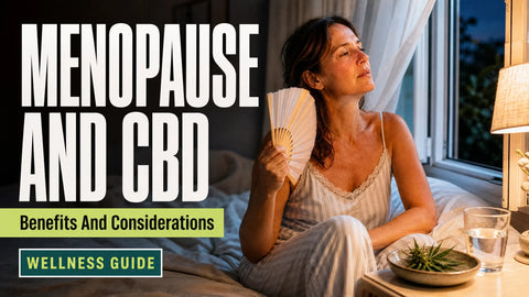 A middle-aged woman sits beside an open bedroom window in soft night light, with a glass of water and a hemp sprig on the bedside table.