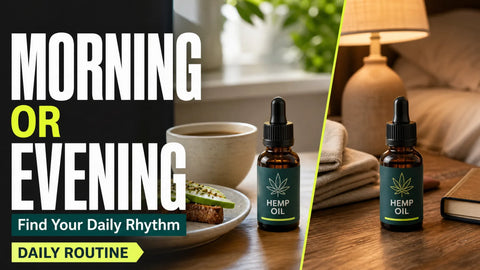 A hemp oil bottle is shown between a bright breakfast setting and a softly lit evening bedside table.