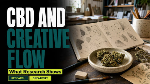 A dish of hemp flower rests beside an open sketchbook filled with abstract creative drawings on a softly lit studio desk.