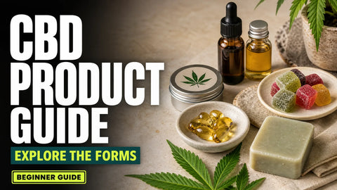 A styled tabletop arrangement shows capsules, a balm tin, gummies, a cosmetic bar, and a hemp sprig in a modern editorial setting.