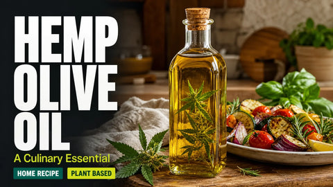 A glass bottle of golden hemp-infused olive oil stands beside roasted vegetables, herbs, and linen in a softly lit kitchen.