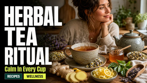 A warm cup of herbal tea sits on a wooden kitchen table beside chamomile, lavender, ginger, lemon peel, and honey.