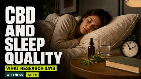 An adult rests in a softly lit bedroom beside a bedside table holding a small hemp botanical and a sealed amber CBD container.