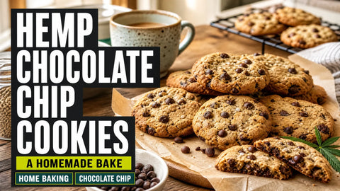 Golden hemp chocolate chip cookies sit on a cooling rack beside a teacup in a warm home kitchen.