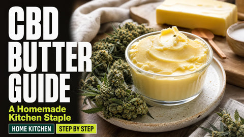 A small dish of pale golden hemp butter sits on a kitchen counter beside textured hemp flower and simple cooking ingredients.