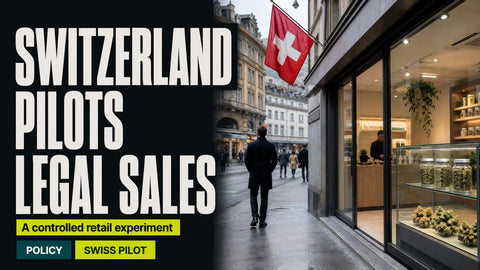 A discreet hemp retail storefront with a Swiss flag accent on a Zurich street, presented as a regulated pilot program.