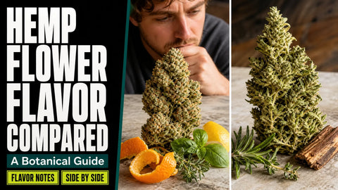 Two contrasting hemp flower samples sit side by side on a stone tabletop with citrus peel, herbs, and wood suggesting different flavor profiles.