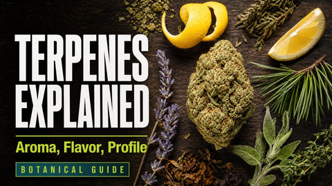 A trichome-covered hemp flower rests at the center of a still life with lemon peel, pine needles, lavender, and earthy herbs.