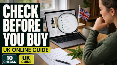 A shopper checks hemp product information on a laptop beside a verification checklist and magnifying glass at a British home desk.