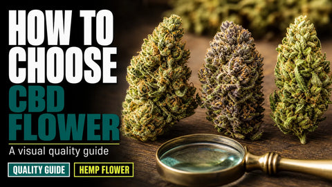 Three hemp flower buds with different colors and textures sit on a wooden surface beside a magnifying glass.
