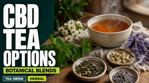A steaming ceramic cup of amber hemp tea sits on a wooden table beside chamomile, peppermint, lavender, and loose tea leaves.