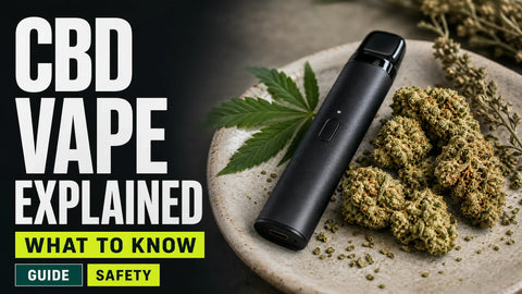 An unbranded CBD vaporizer lies beside textured hemp flower on a softly lit neutral tabletop.