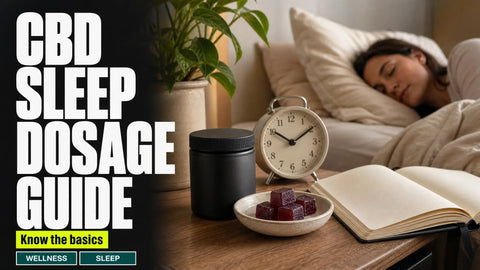 A bedside table holds hemp gummies, a closed product container, a sleep journal, and a clock in a softly lit bedroom.