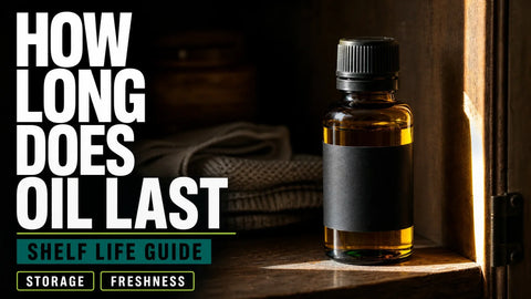 An amber hemp oil bottle sits on a dark wooden shelf beside a narrow beam of sunlight.
