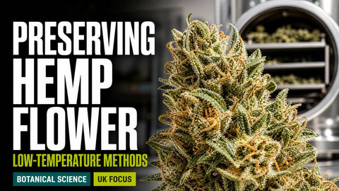 A richly textured cured hemp flower sits in sharp focus before a softly blurred stainless preservation chamber.