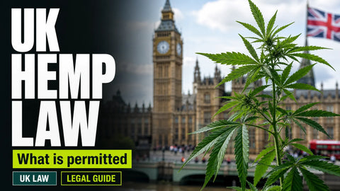 Industrial hemp stems stand in the foreground of a softly blurred British government building in London.
