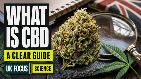 A detailed hemp flower sits on an editorial desk beside a magnifying glass, leaves, and a notebook in soft window light.